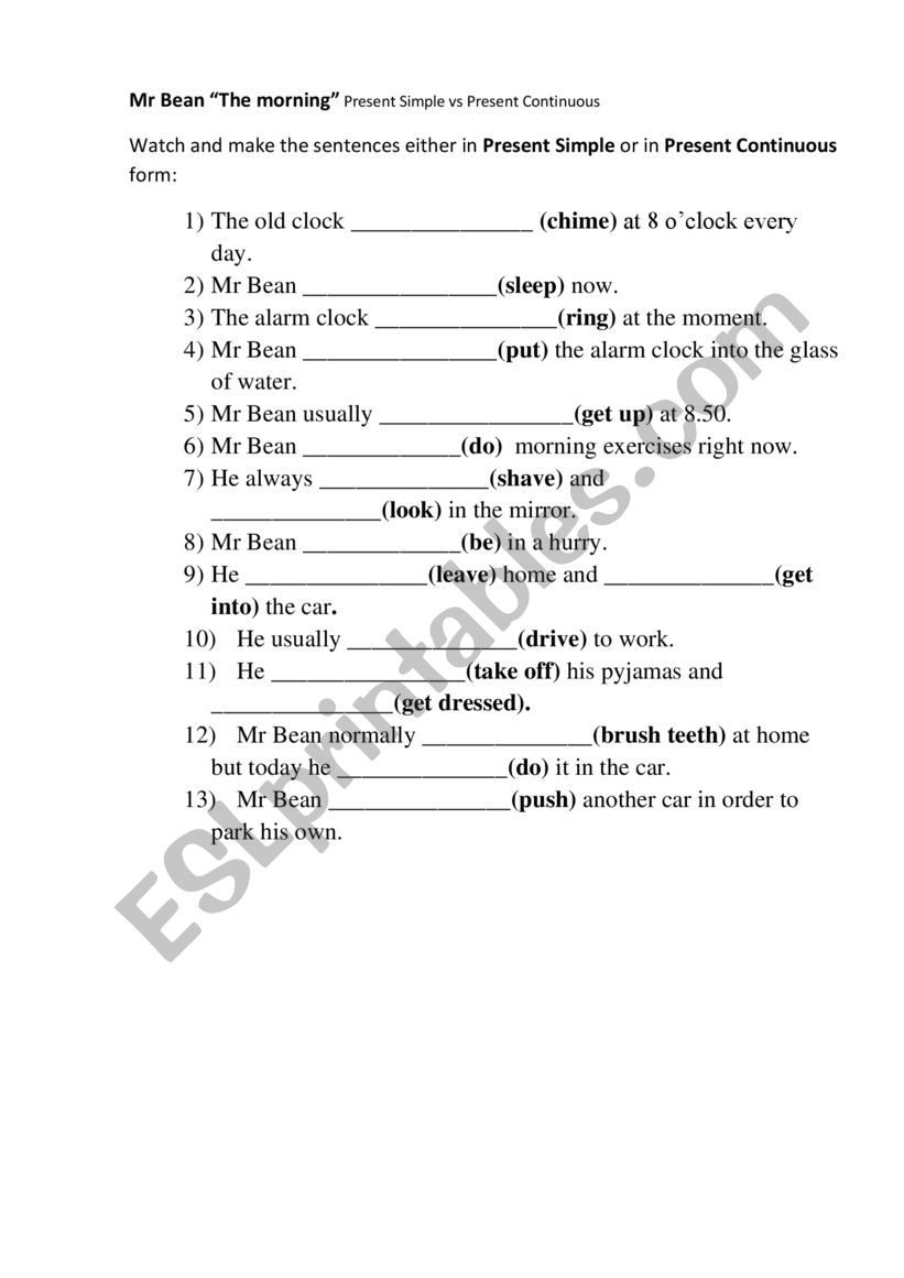 Worksheet Mr Bean morning  worksheet