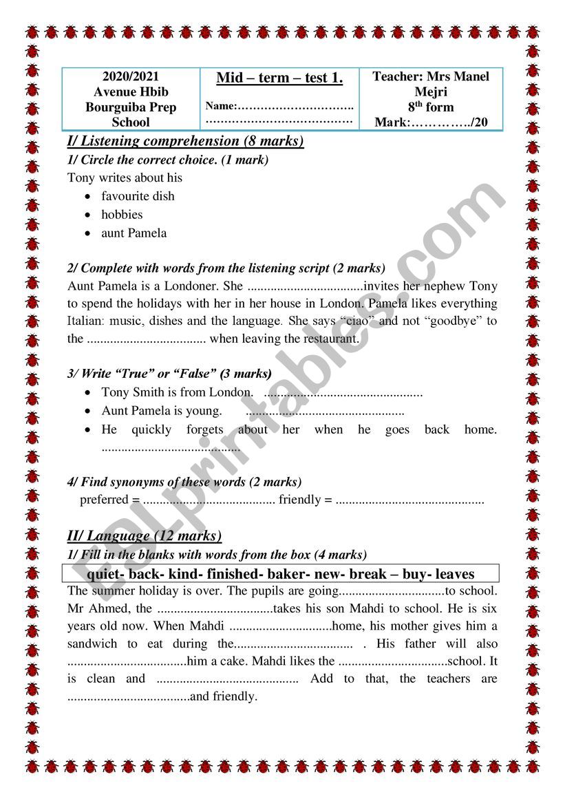 8th form mid term test N1 worksheet