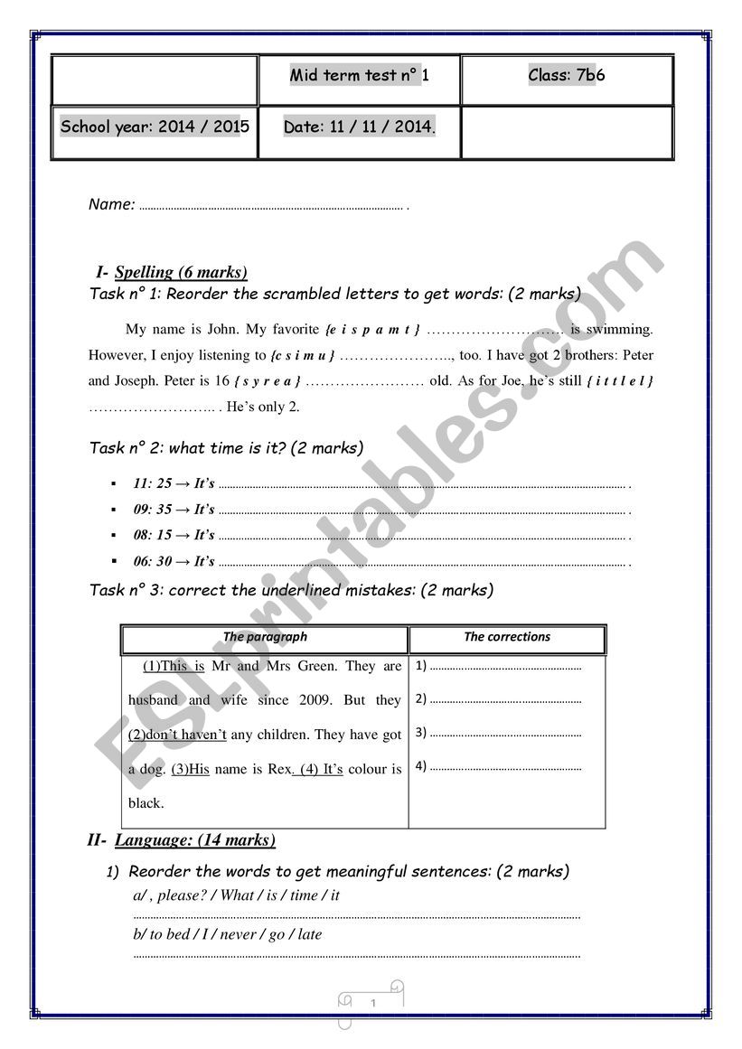 mid-term test n1 worksheet