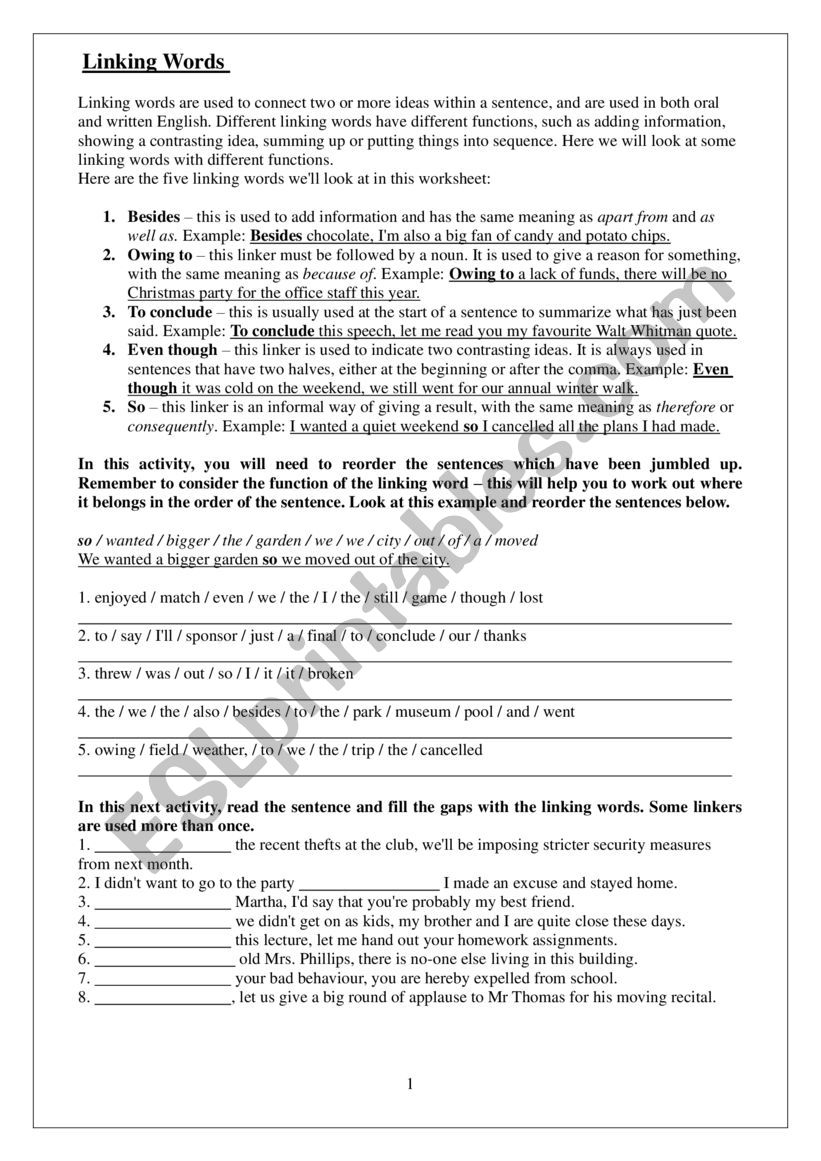 Linking words worksheet