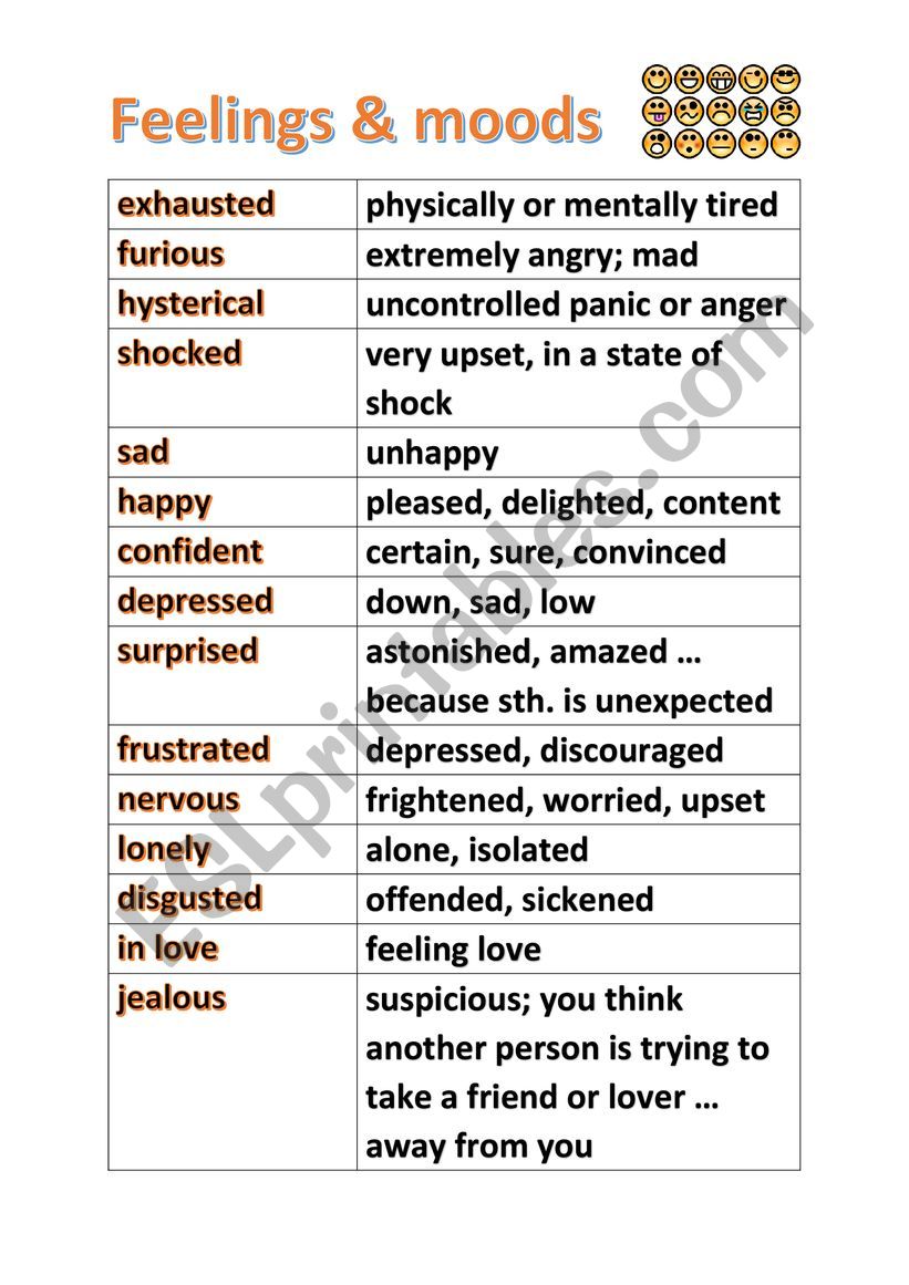 Feelings & moods Vocabulary - ESL worksheet by r.vlasak