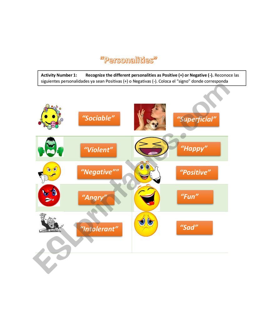 Personalities worksheet