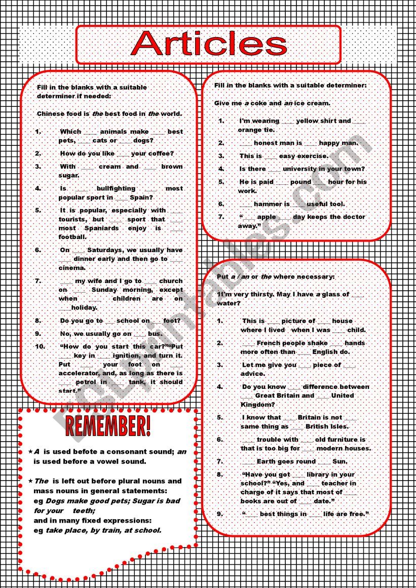 ARTICLES worksheet