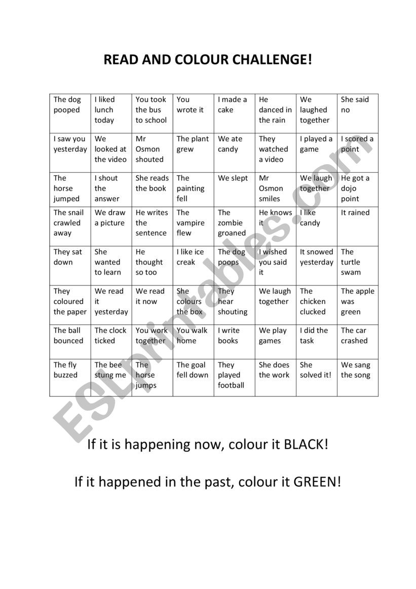 Read and colour past/present tense challenge
