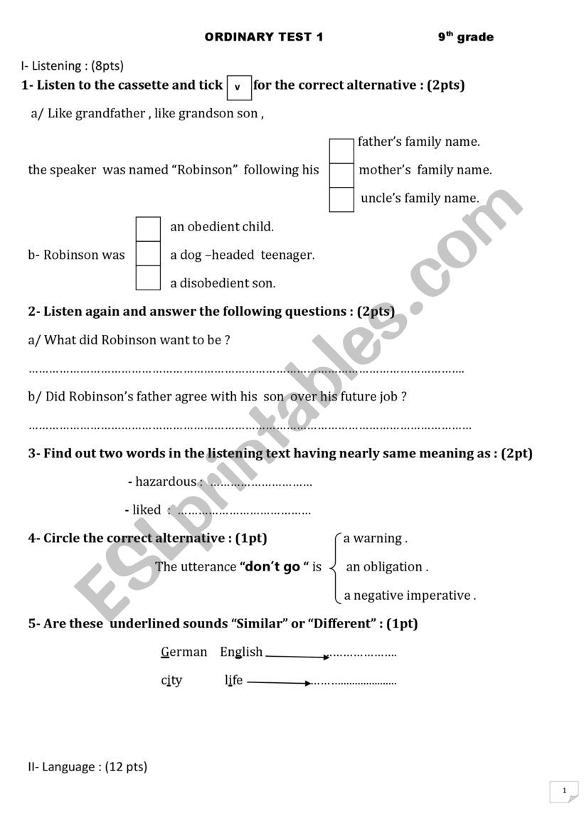 ordinary test one worksheet