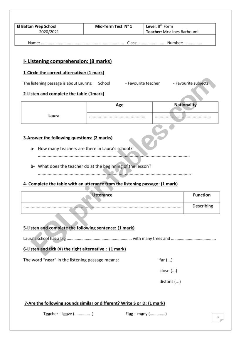 mid-ter test 1 for 8 form students