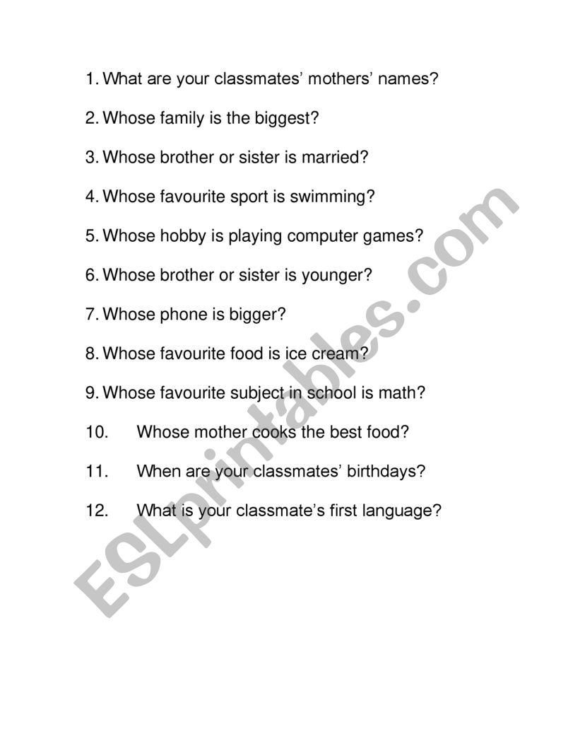 Possessive S Questionnaire worksheet