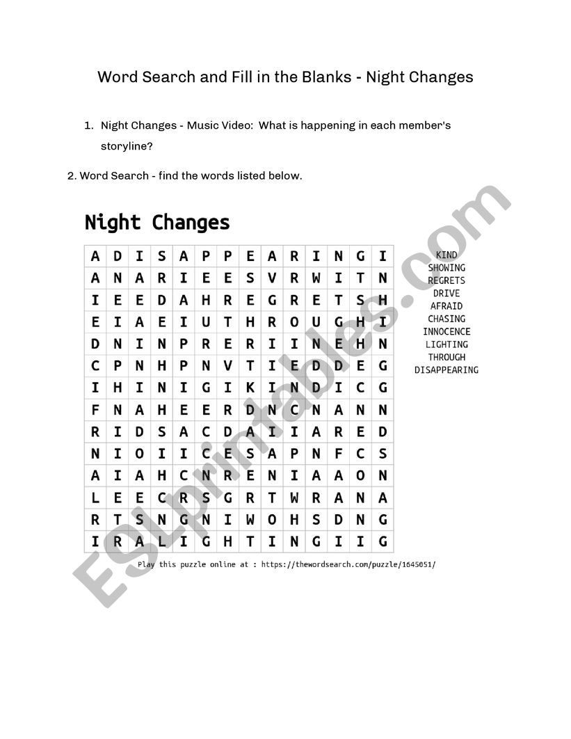Night Changes by One Direction - Word Search and Fill in the Blanks 