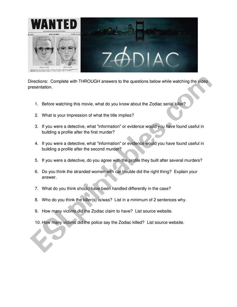 Zodiac Movie Worksheet worksheet