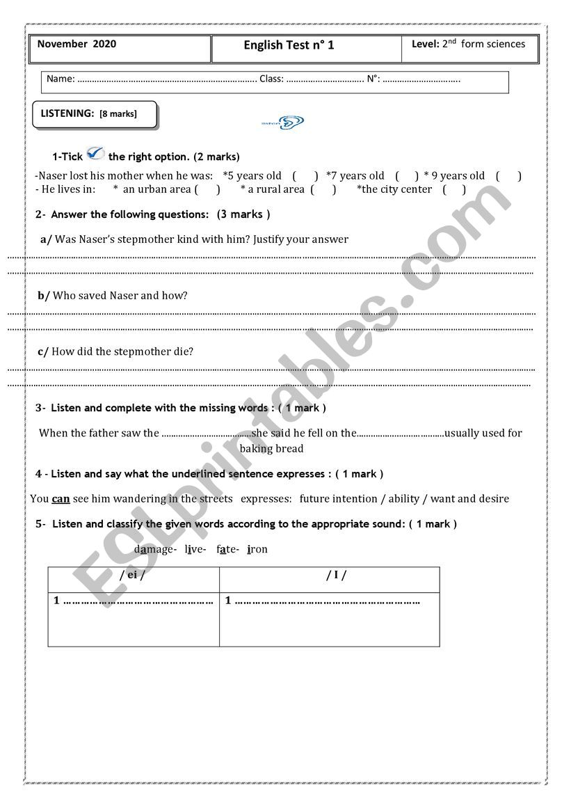 Mid Term English Test 1 2nd form - ESL worksheet by hajer habib