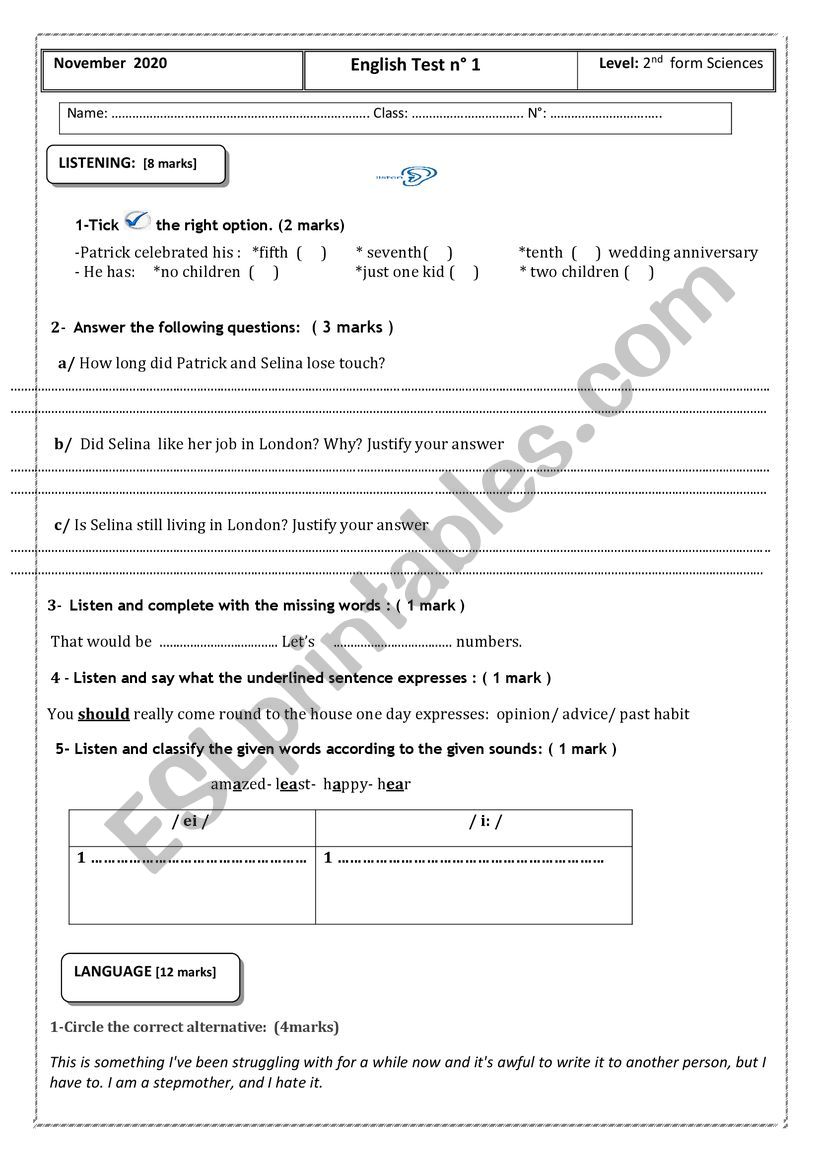 Mid Term English Test 1 2nd form