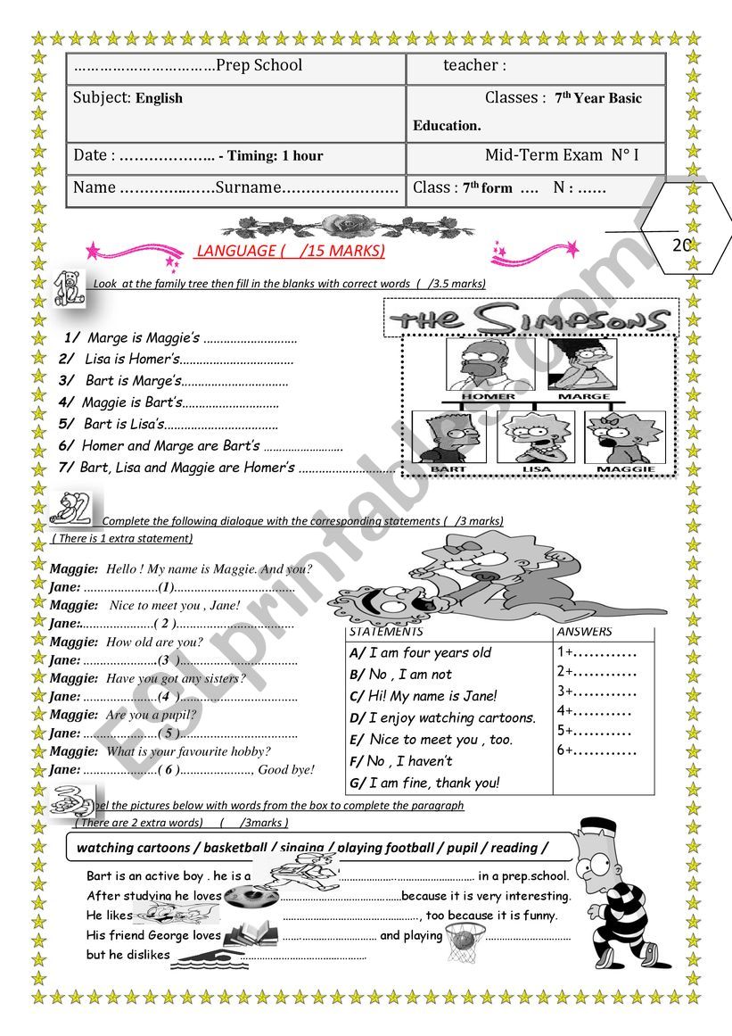 7mid term exam 1 / Tunisian prep.schools