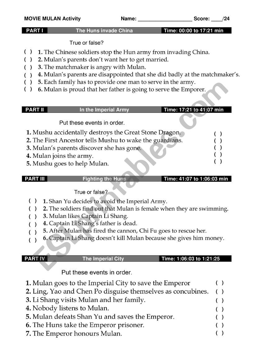 mulan movie activity worksheet