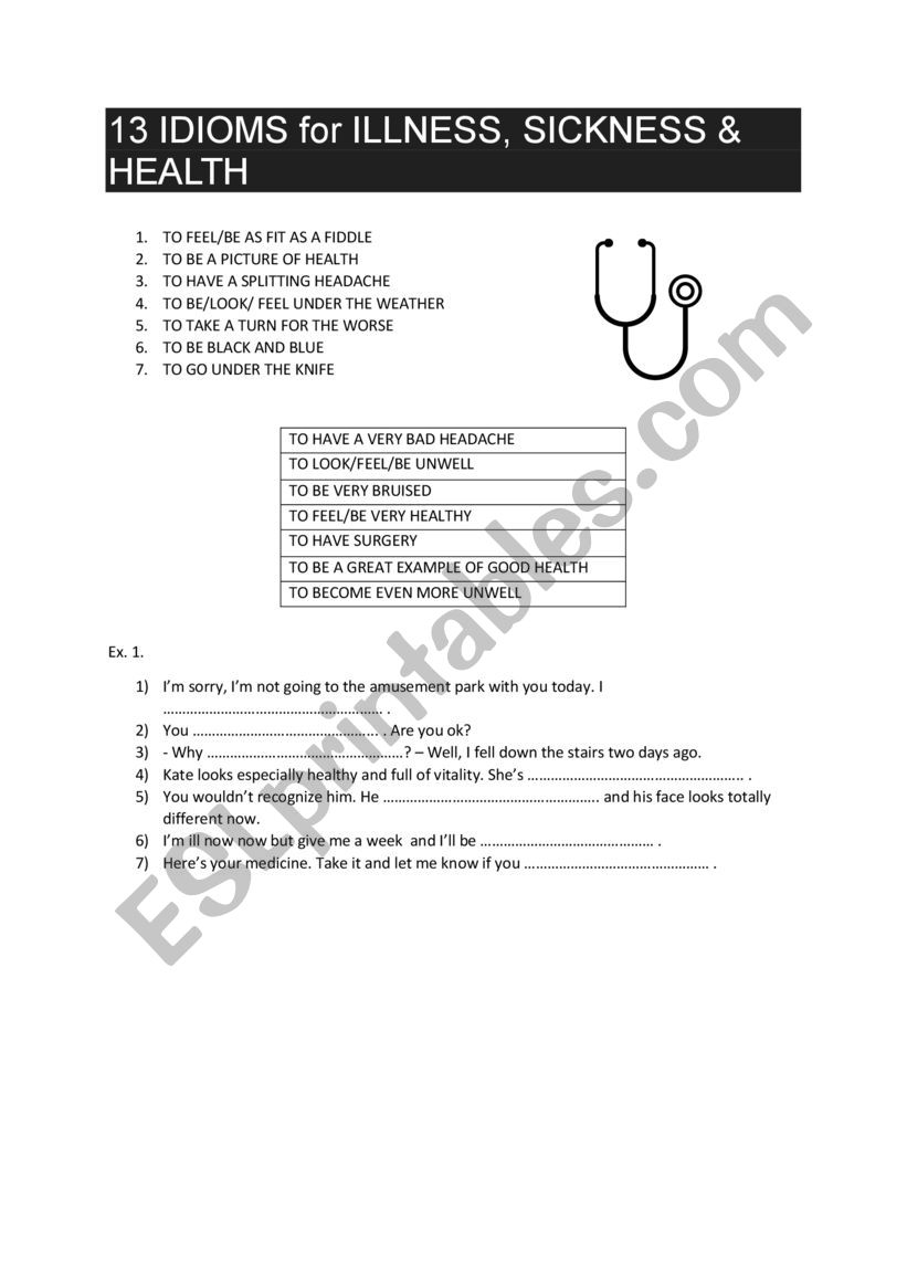 IDIOMS FOR HEALTH AND ILLNESS worksheet