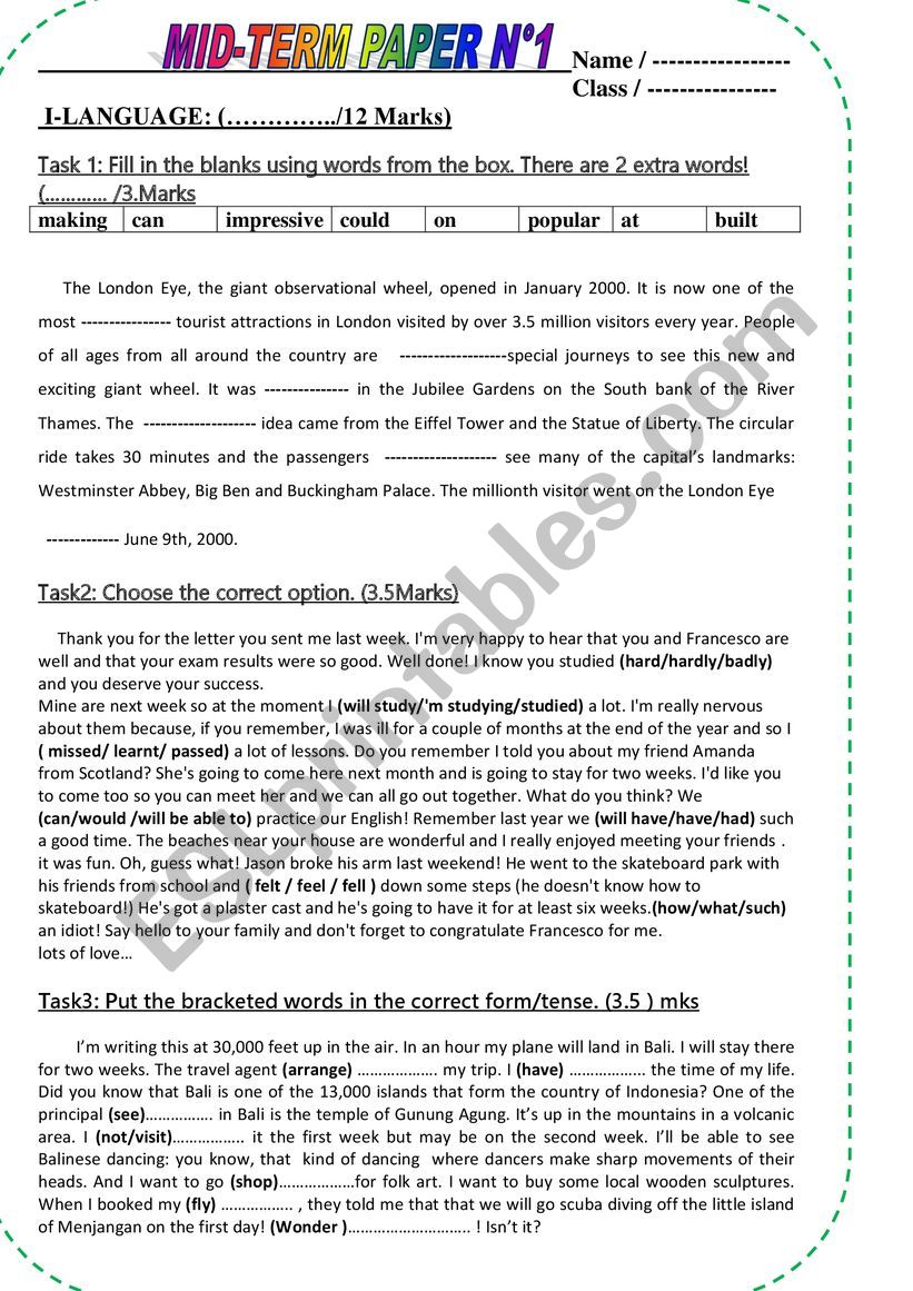 Grade 8 mid -term test 1 Tunisian program