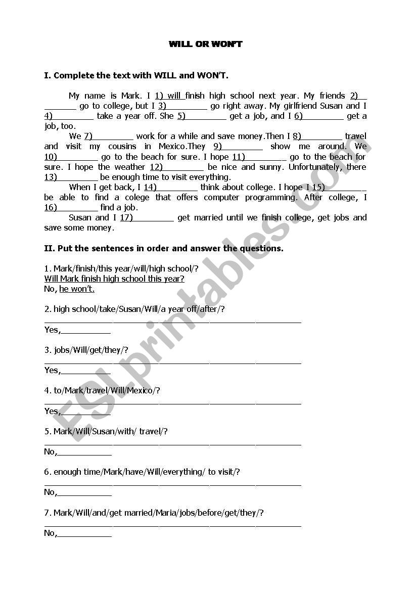 worksheet -WILL and WONT worksheet